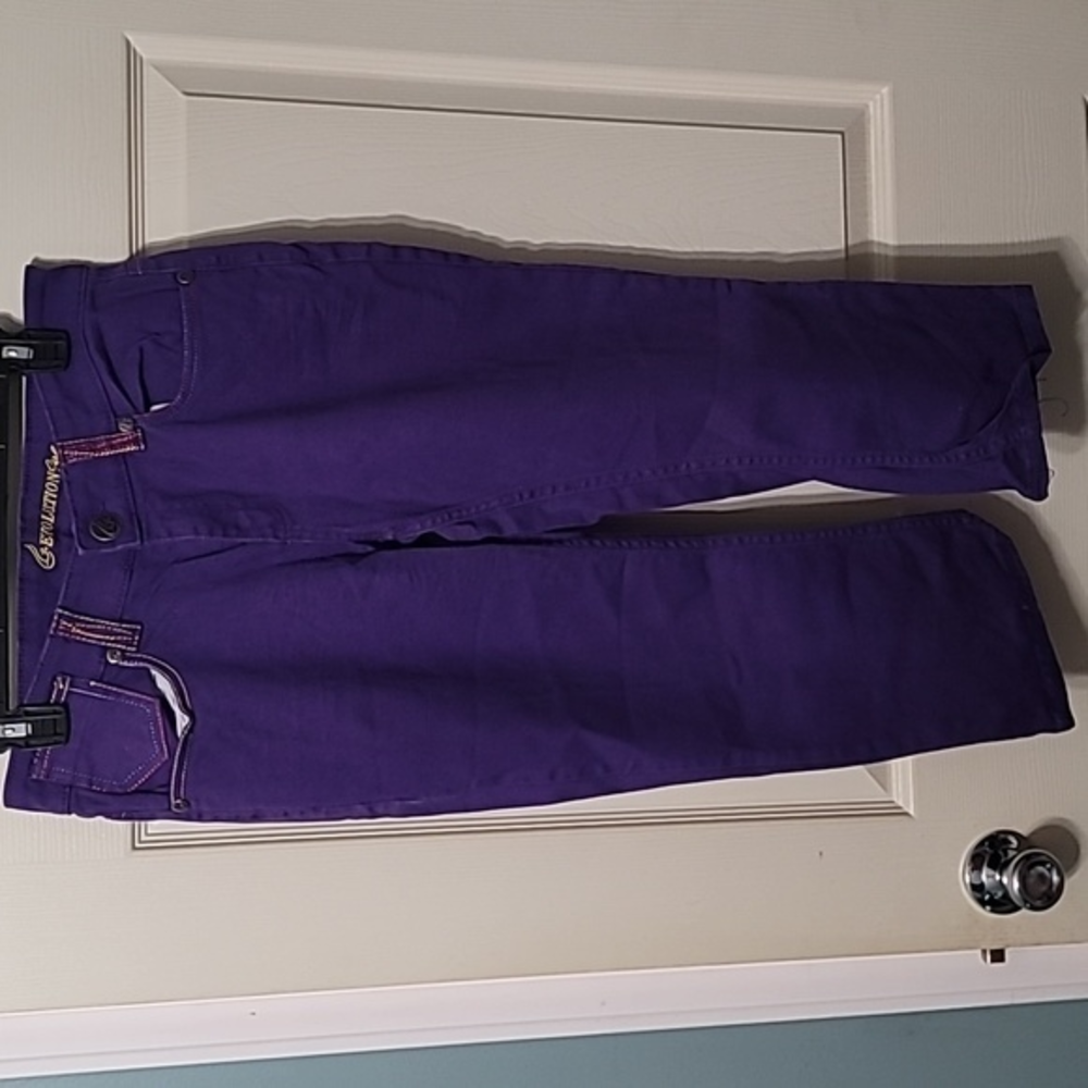 Evolution Girl Purple With Rainbow Stitching Stretch Jeans/Capri Women's 9/10.